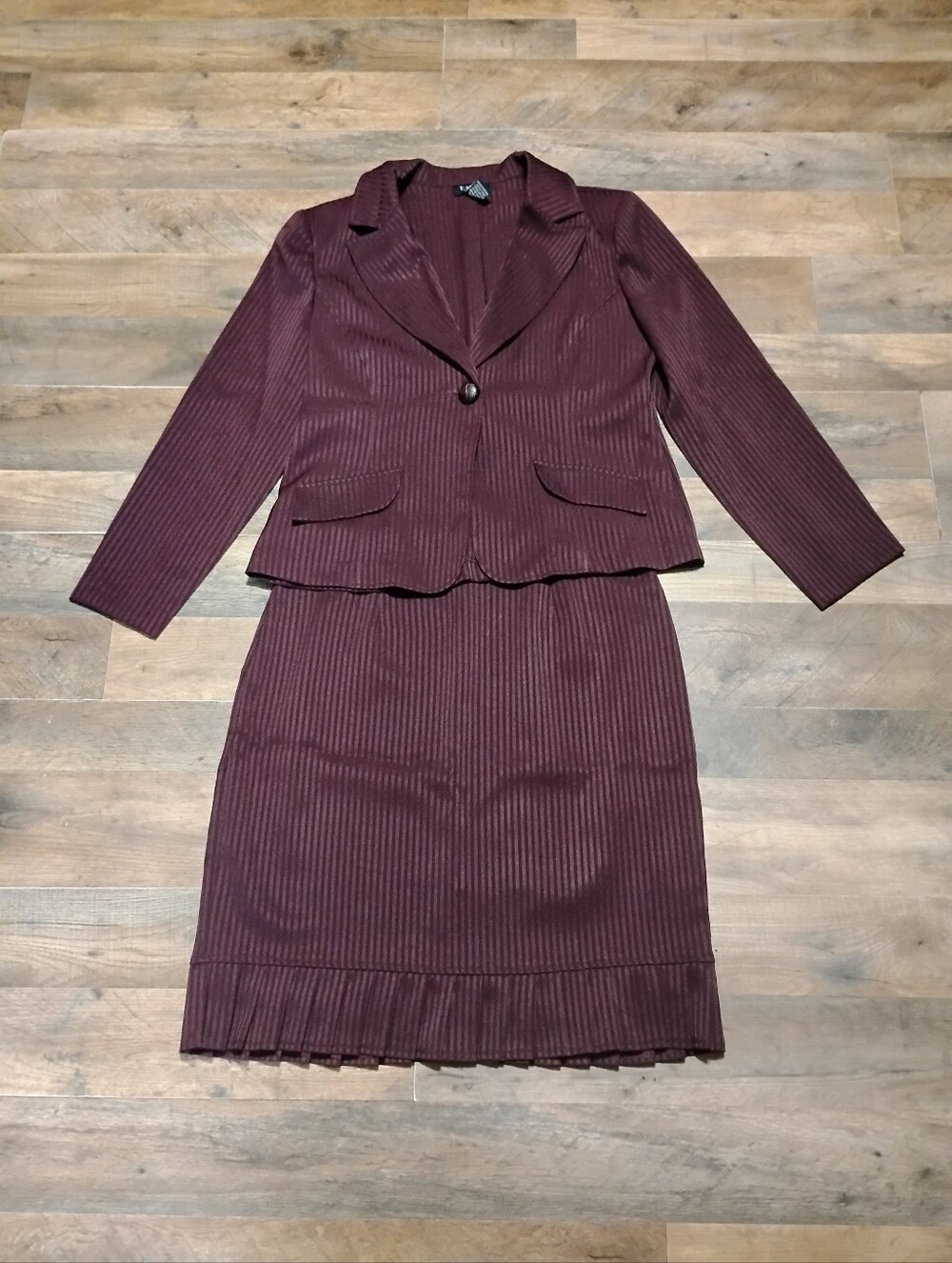 T. Milano Burgundy Pinstripe Blazer and Skirt Suit Women's Size: 12